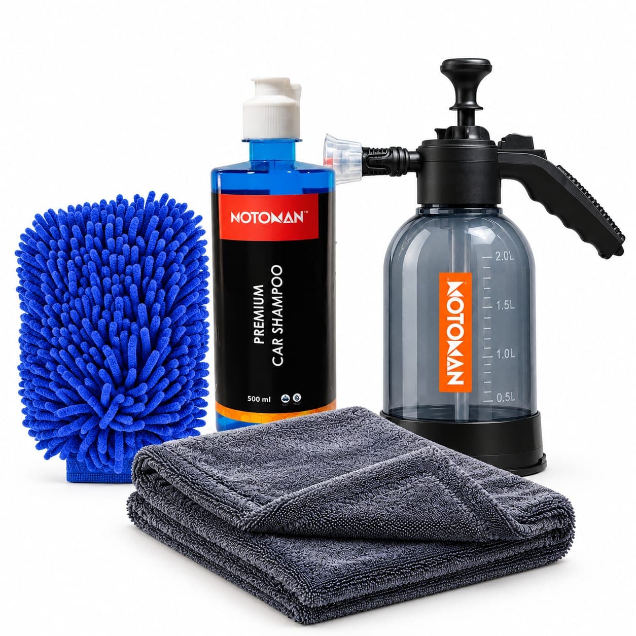 Motoman complete car care combo with foam sprayer, blue shampoo, microfiber cloth, and cleaning glove