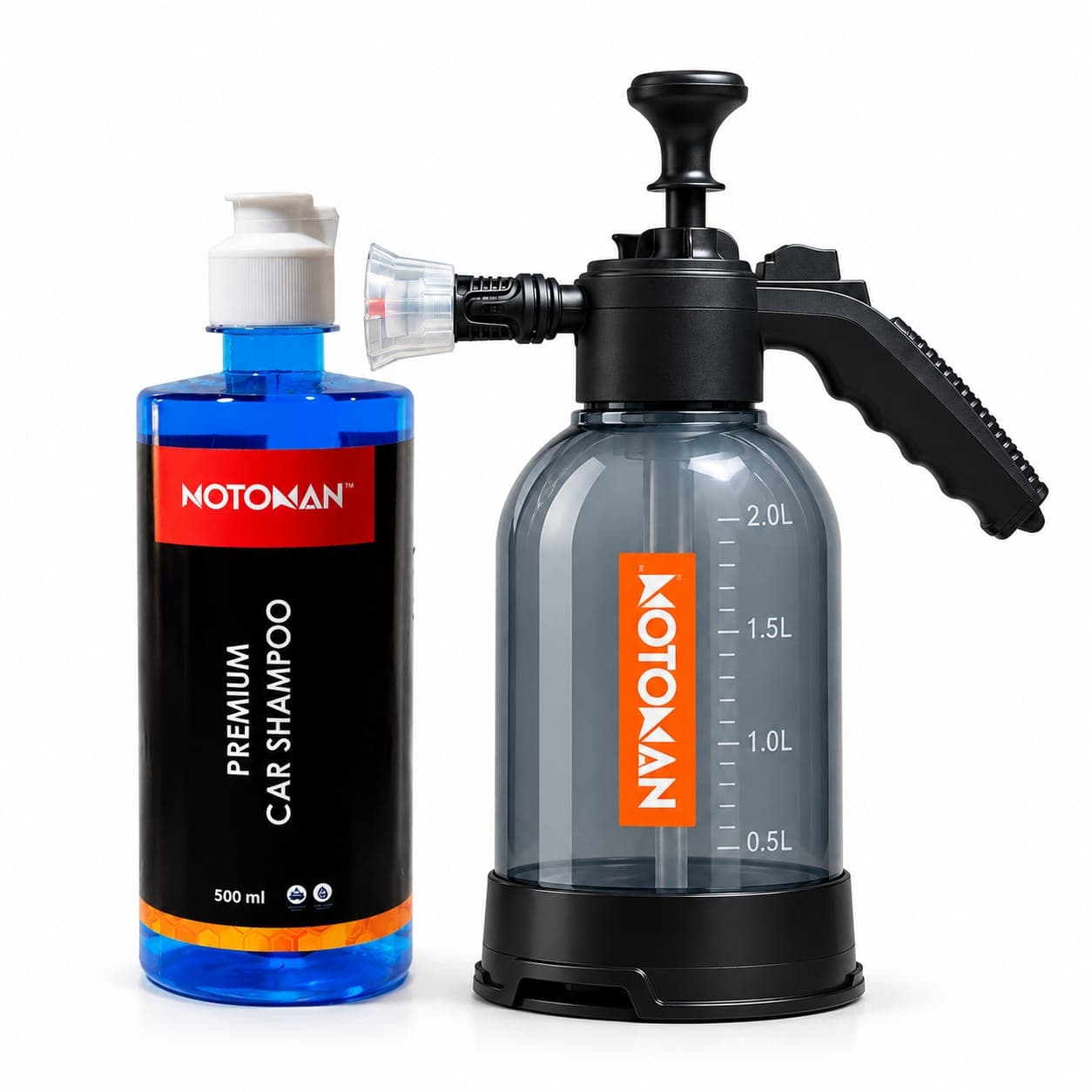 Motoman foam sprayer and blue Premium Car Shampoo bottle