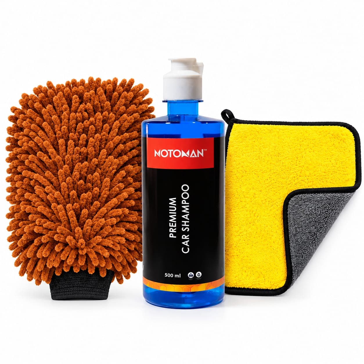 Motoman blue shampoo, microfiber cloth, and blue cleaning glove